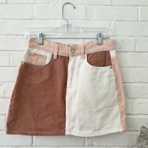Dolls Kill MomoKrom Color Block Denim Skirt in Pink and Brown